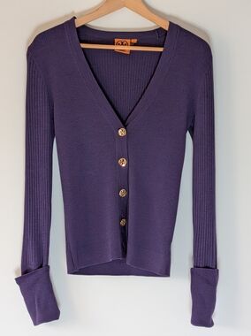 Tory Burch Purple Ribbed V‑Neck Button Cardigan